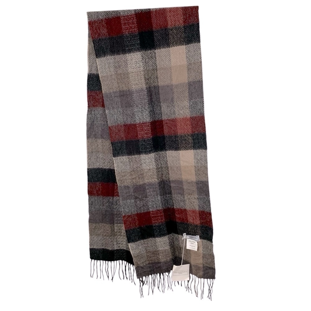 NWT Via Condotti 100% Virgin Wool Plaid Winter Scarf Fringe Burgundy Grey Tan